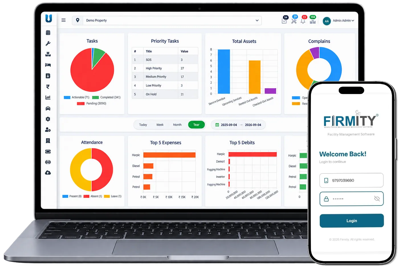 Firmity dashboard shown on a laptop, next to the Firmity mobile app login screen on a phone